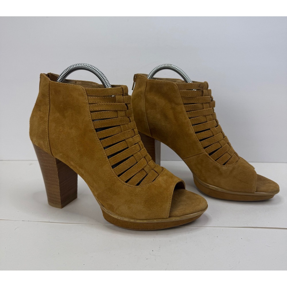 Sofft Tan Suede Woven Cage Open Toe Block Heel Booties Ankle Boots